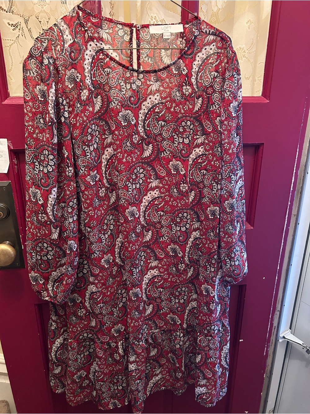 LOFT Burgundy Paisley Long-Sleeve Swing Dress- red slip underneath dress